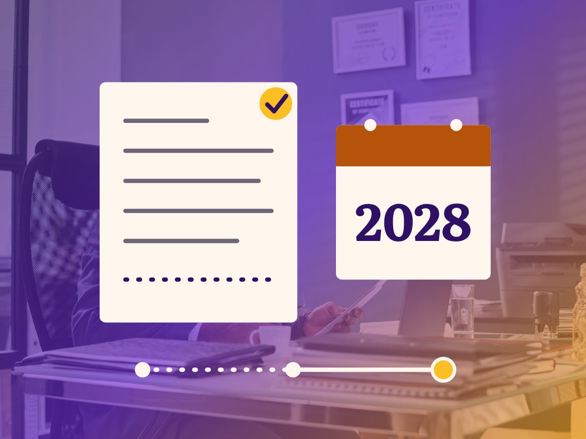 A contract page with one clause line struck through, a calendar page marked 2028, and a three-step path ending in a gold marker, over a photo of a desk with a financing agreement.