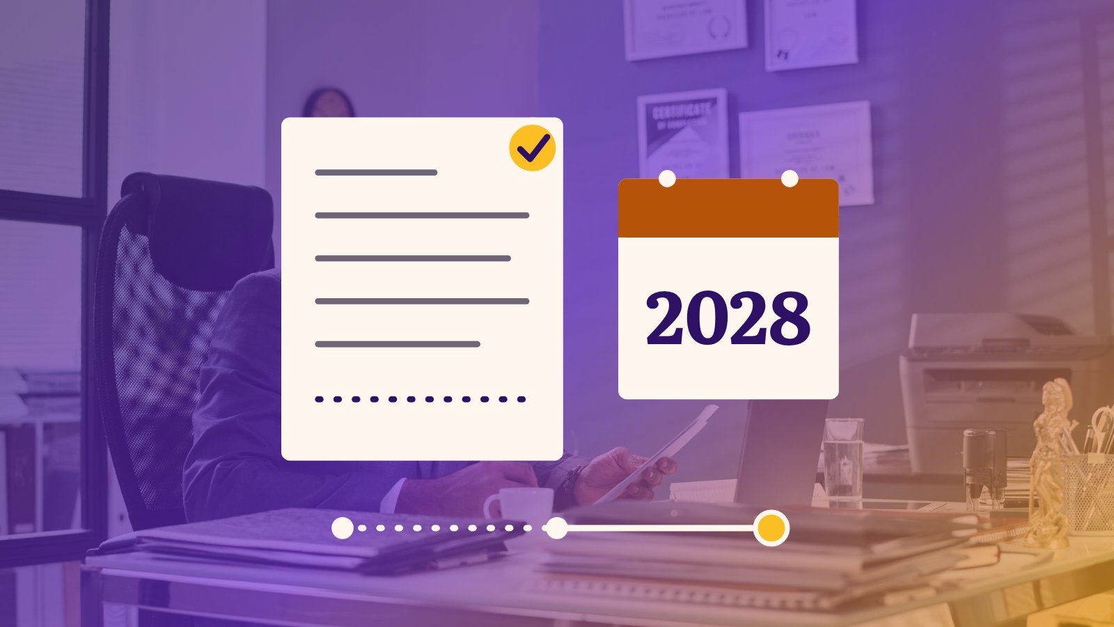 A contract page with one clause line struck through, a calendar page marked 2028, and a three-step path ending in a gold marker, over a photo of a desk with a financing agreement.